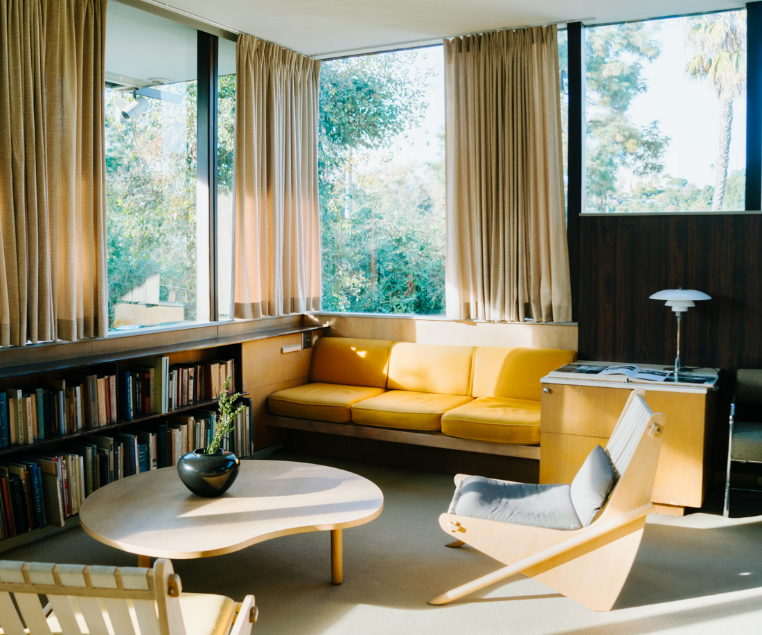 Mid-century modern living room in yellow hues